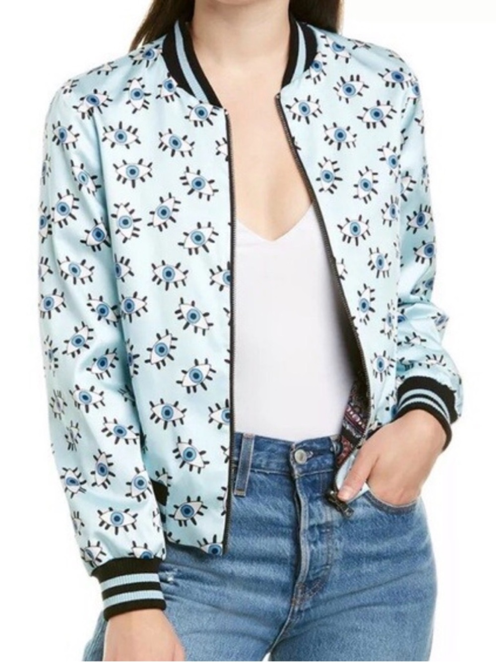 Alice + Olivia Lonnie Blue Evil Eye Reversible Print Bomber Jacket EUC